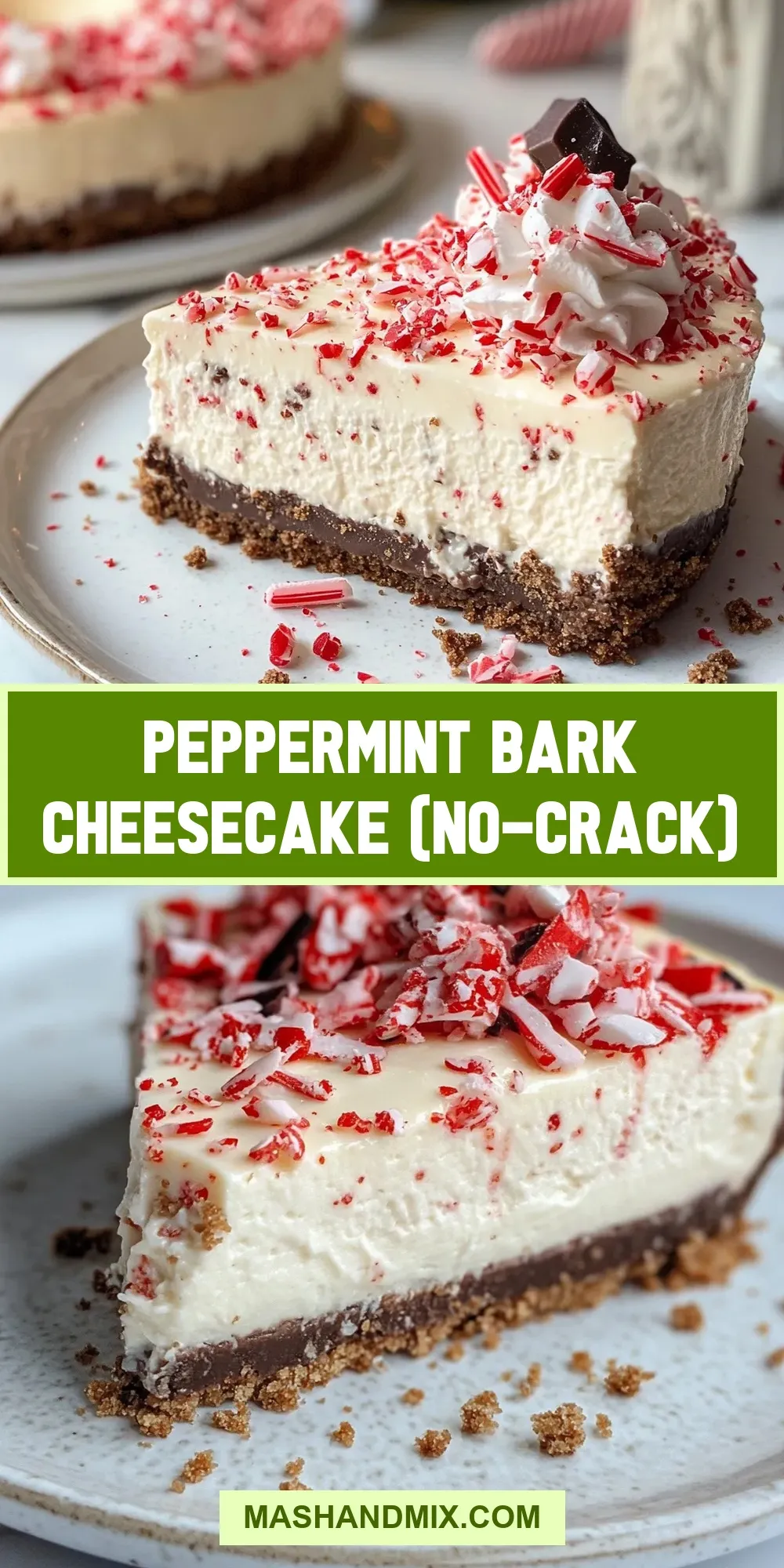 Healthy Peppermint Bark Cheesecake (No-Crack)