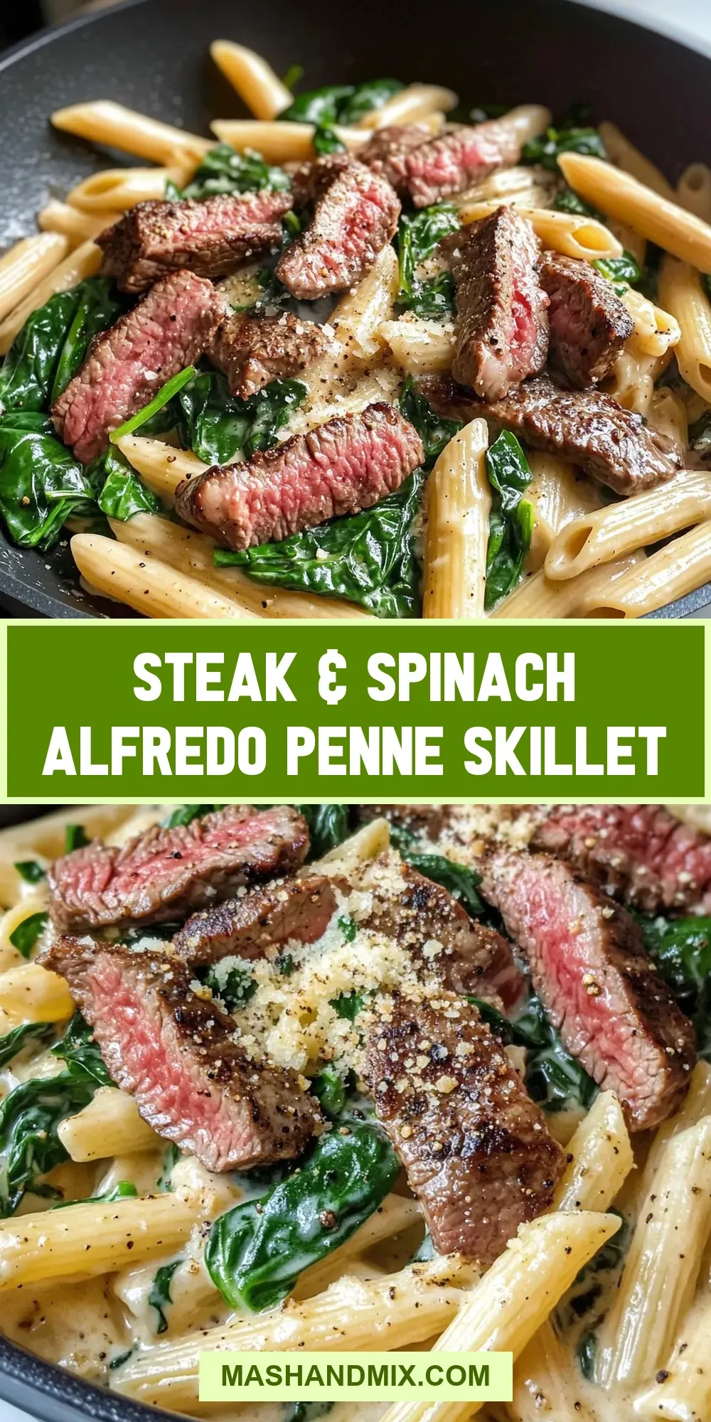 Steak & Spinach Alfredo Penne Skillet (Creamy & Delicious)
