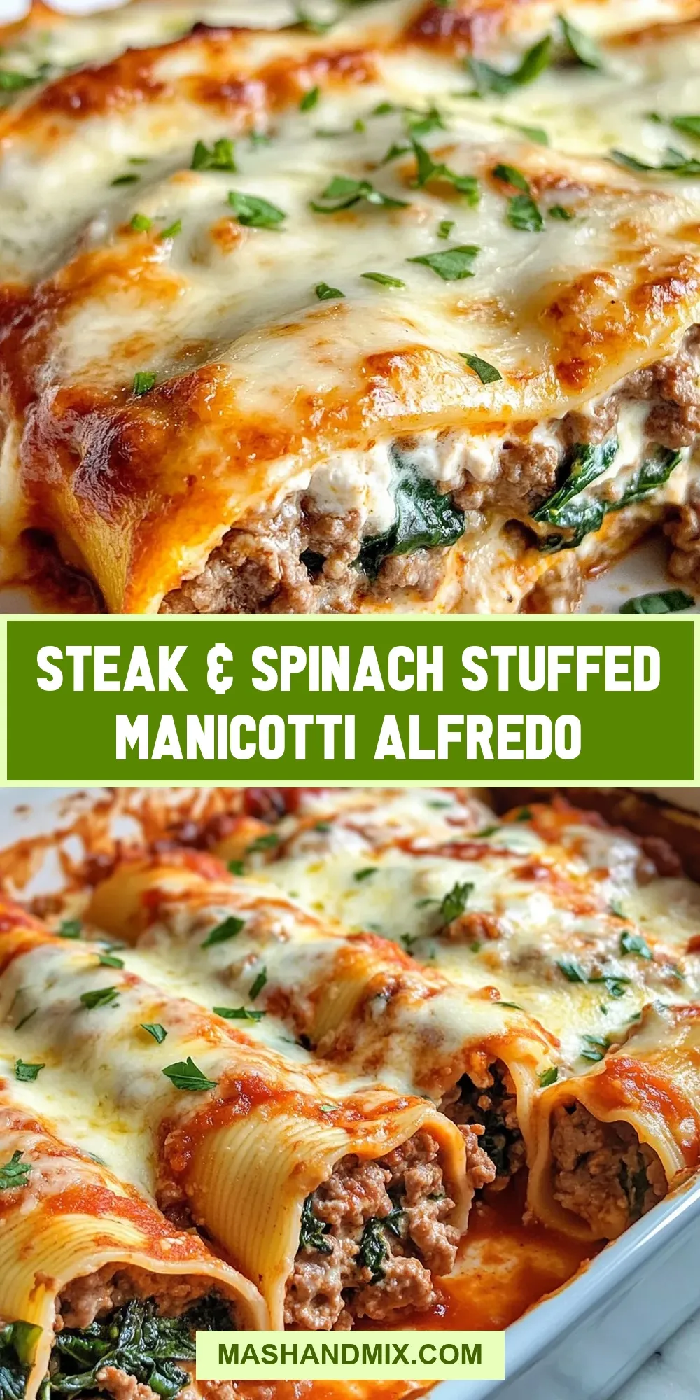 Easy Steak & Spinach Stuffed Manicotti Alfredo Recipe