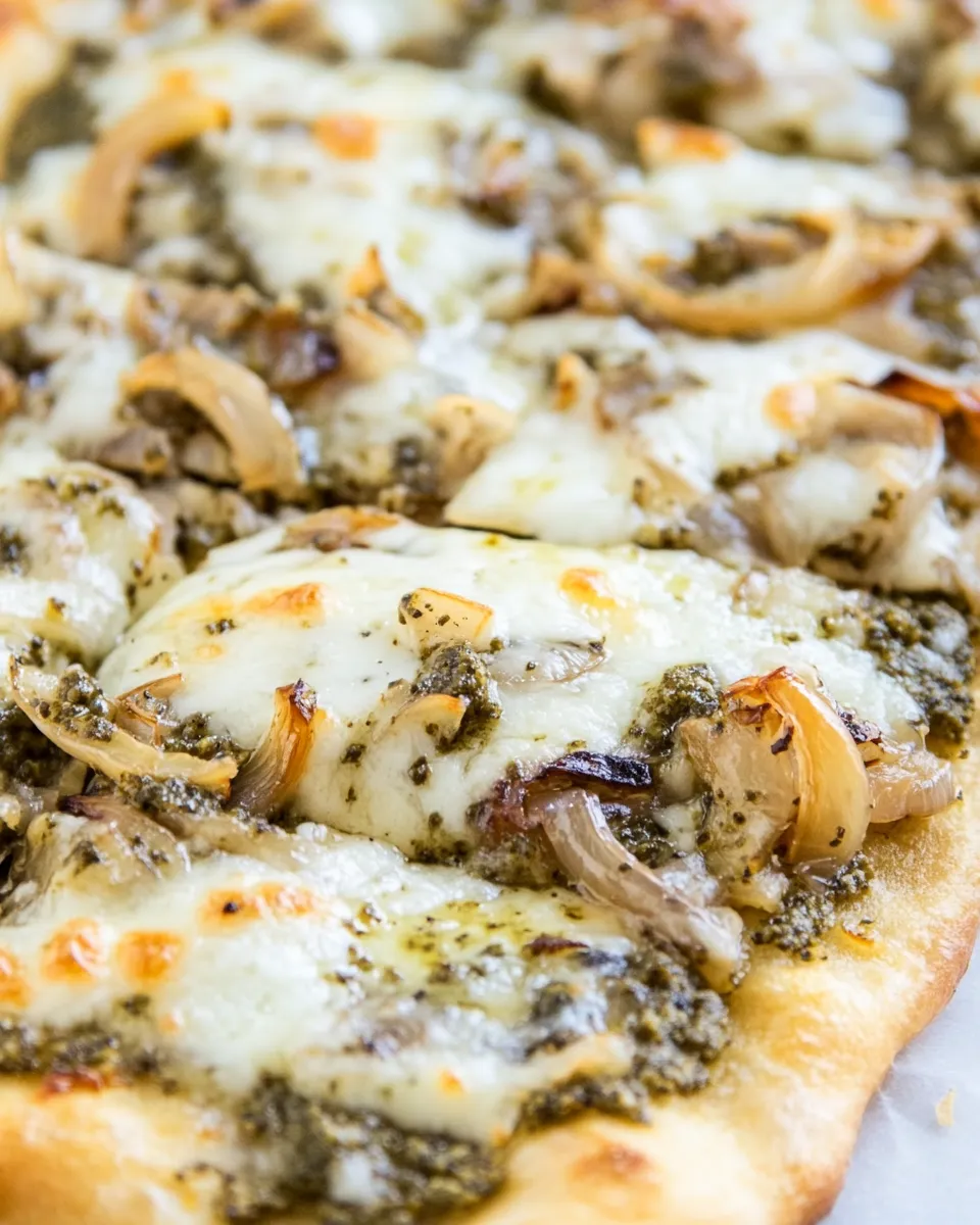 Homemade Caramelized Onion Pesto Flatbread Pizza Recipe photo