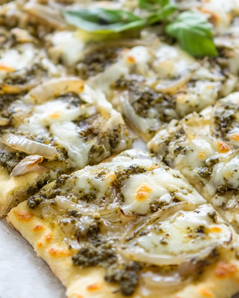 Classic Caramelized Onion Pesto Flatbread Pizza Recipe recipe image