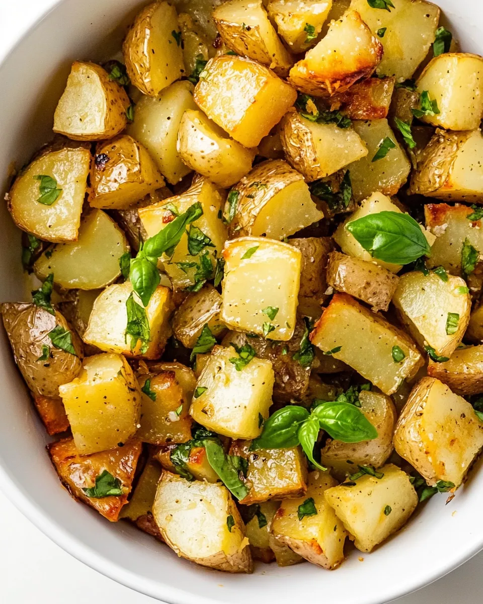 Classic Crispy Lemon Roasted Potatoes with Fresh Basil food shot