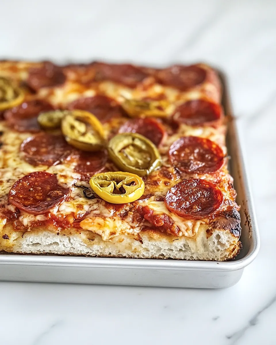 Delicious Detroit-Style Pepperoni and Pickled Pepper Pan Pizza dish photo
