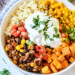 Homemade Riced Cauliflower and Sweet Potato Beef Burrito Bowls recipe photo
