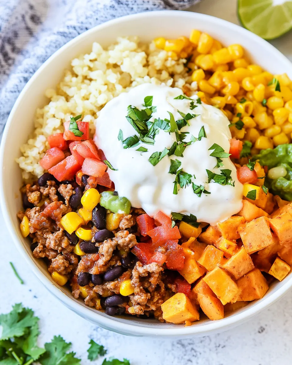 Homemade Riced Cauliflower and Sweet Potato Beef Burrito Bowls recipe photo
