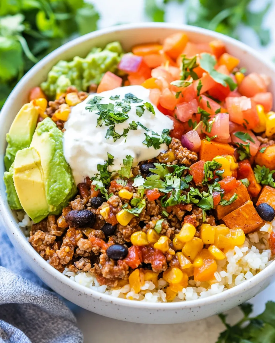 Classic Riced Cauliflower and Sweet Potato Beef Burrito Bowls dish photo