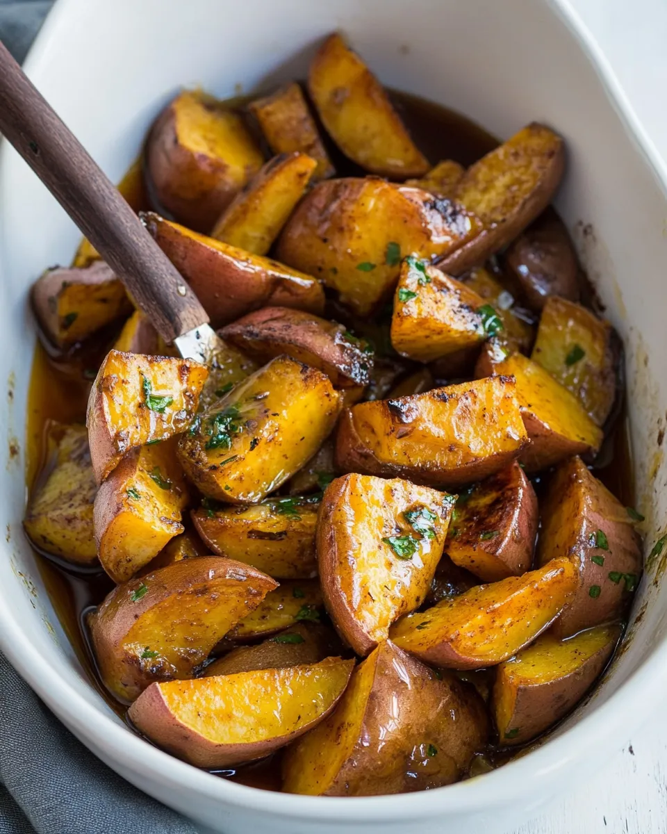 Easy Roasted White Sweet Potatoes with Honey Cinnamon Glaze food shot