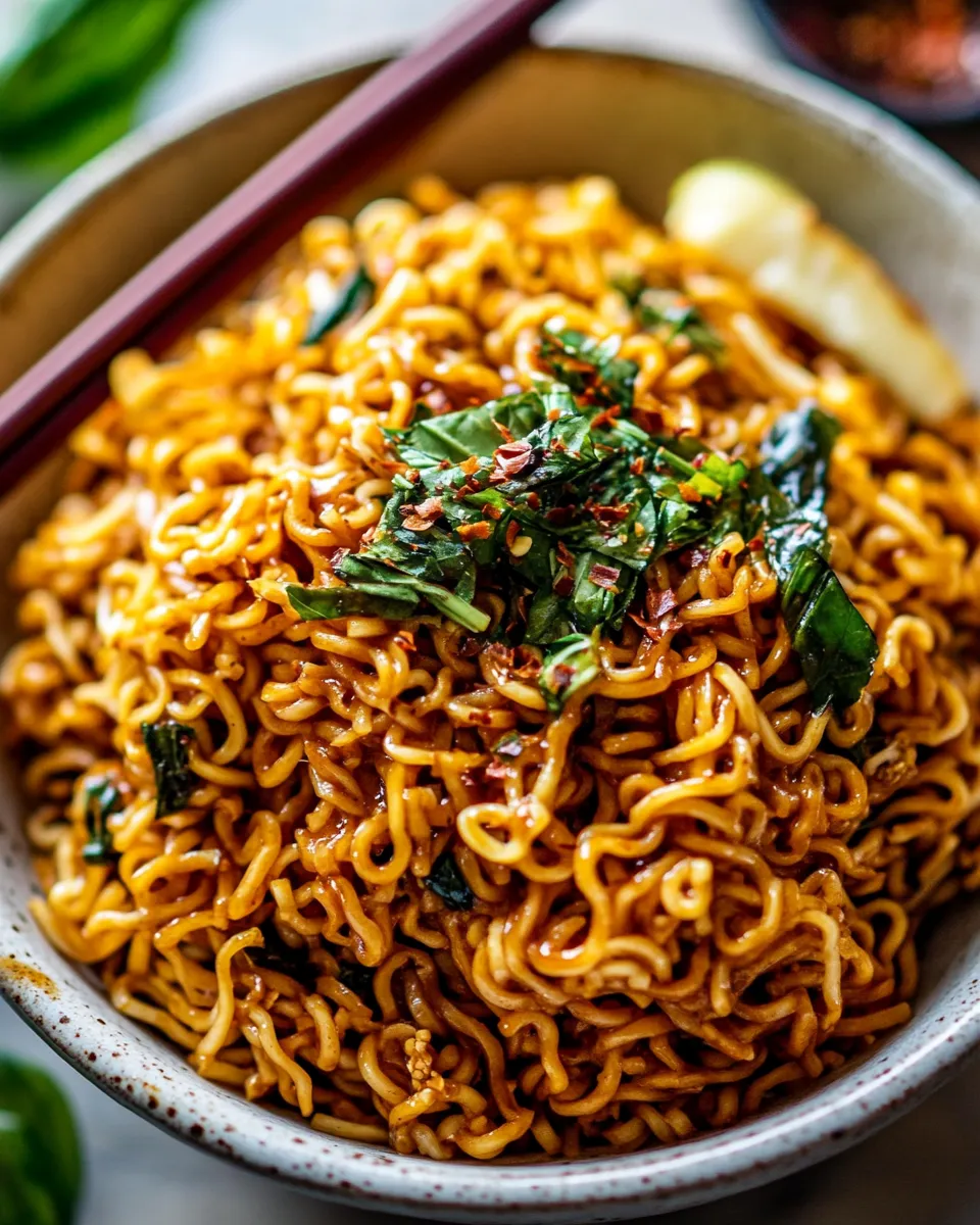 Classic 20 Minute Red Curry Basil Garlic Oil Noodles. shot