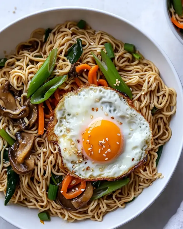 Homemade 20 Minute Veggie Ramen Noodles with Sesame Fried Eggs. food shot