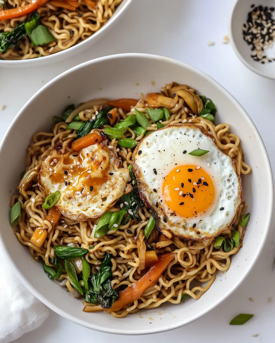 Simple 20 Minute Veggie Ramen Noodles with Sesame Fried Eggs. food shot