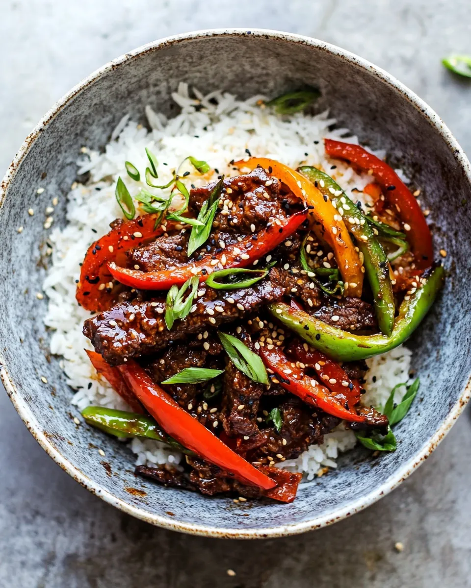 Fresh 30 Minute Korean Beef and Peppers with Sesame Rice. recipe image