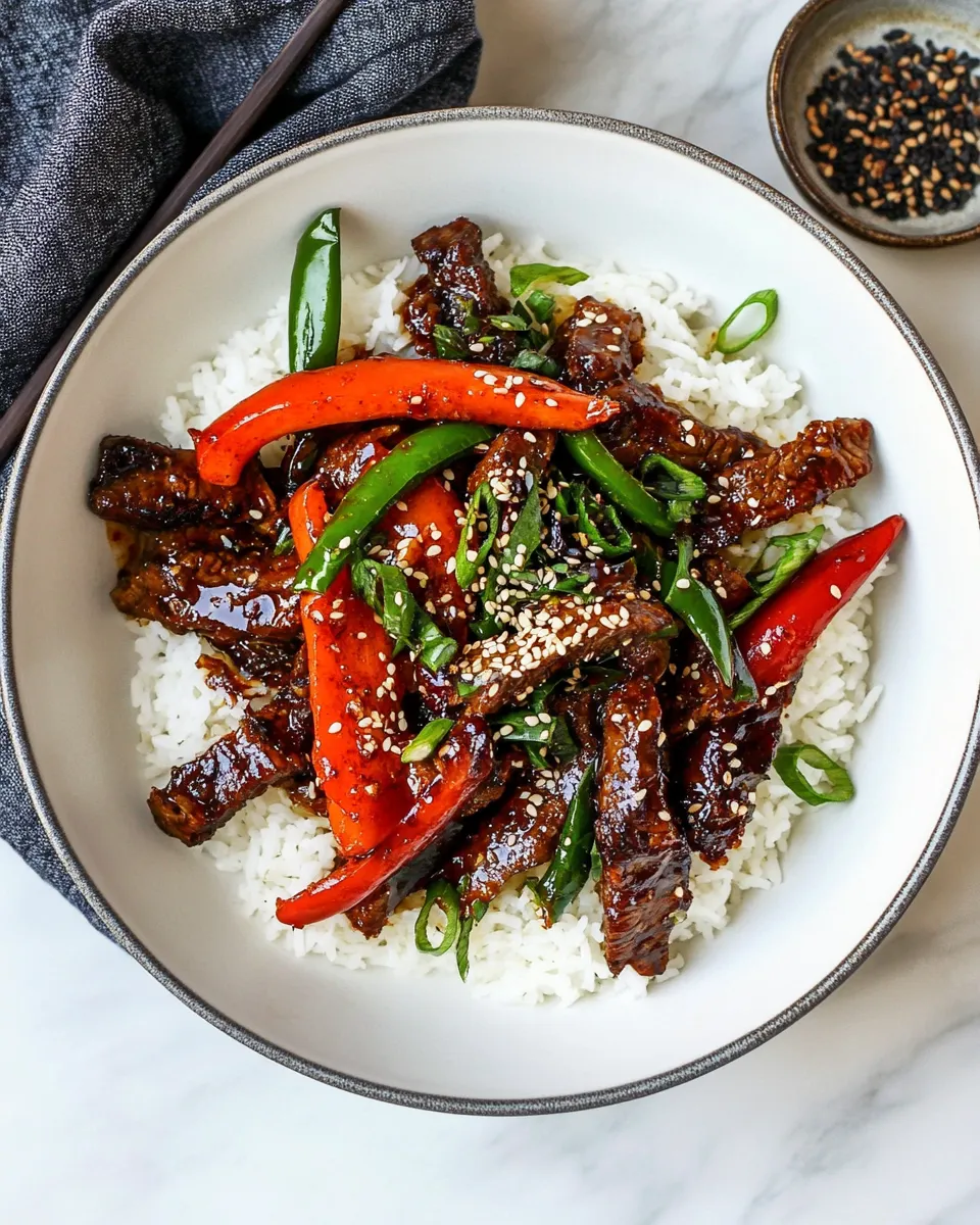 Perfect 30 Minute Korean Beef and Peppers with Sesame Rice. recipe photo