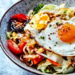 Homemade Cabbage Noodle Bowls with Fried Eggs photo