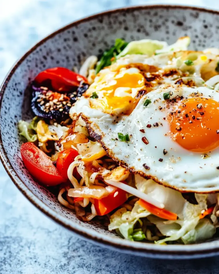 Homemade Cabbage Noodle Bowls with Fried Eggs photo