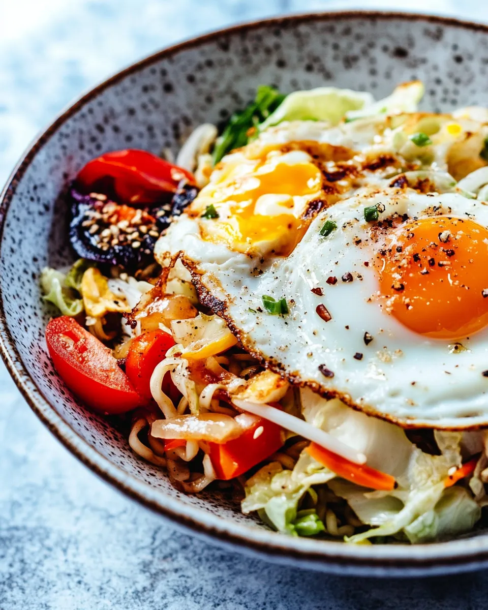 Homemade Cabbage Noodle Bowls with Fried Eggs photo