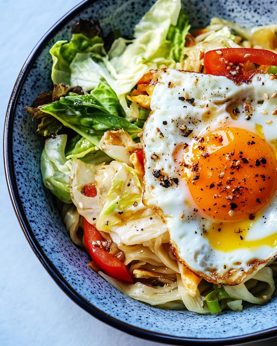 Delicious Cabbage Noodle Bowls with Fried Eggs shot