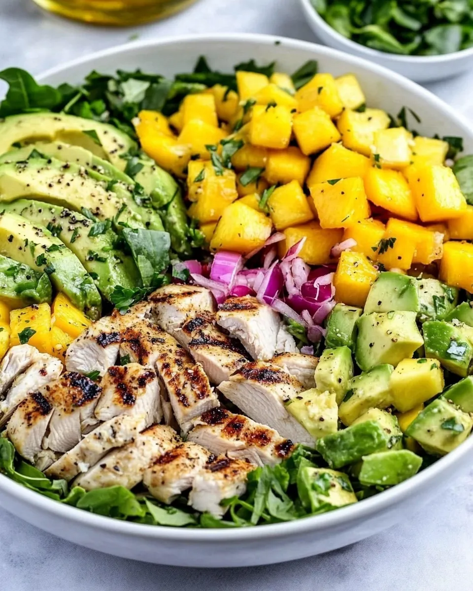 Delicious California Grilled Chicken Avocado and Mango Salad shot