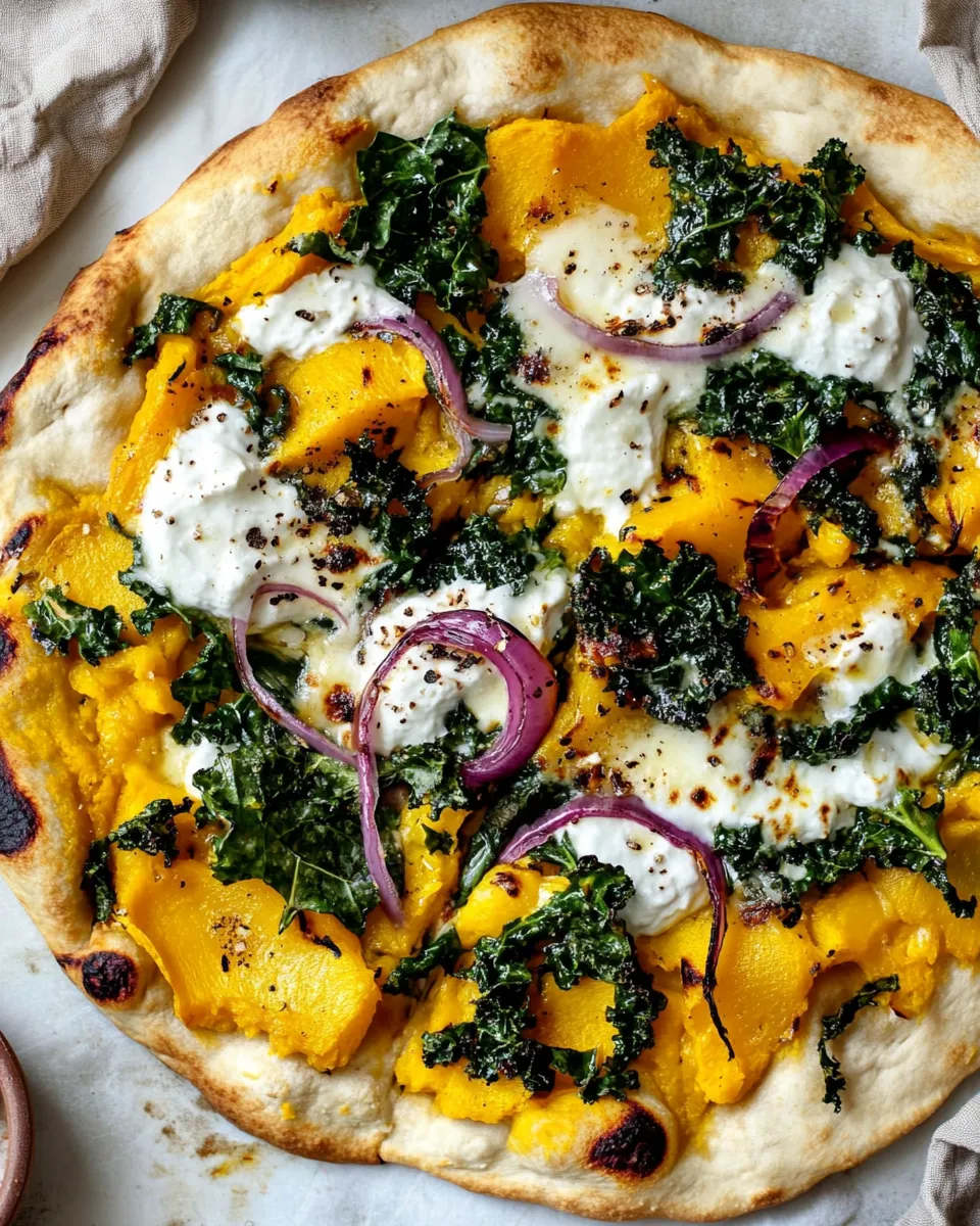 Tasty Caramelized Onion, Butternut Squash, and Crispy Kale Pizza. recipe image