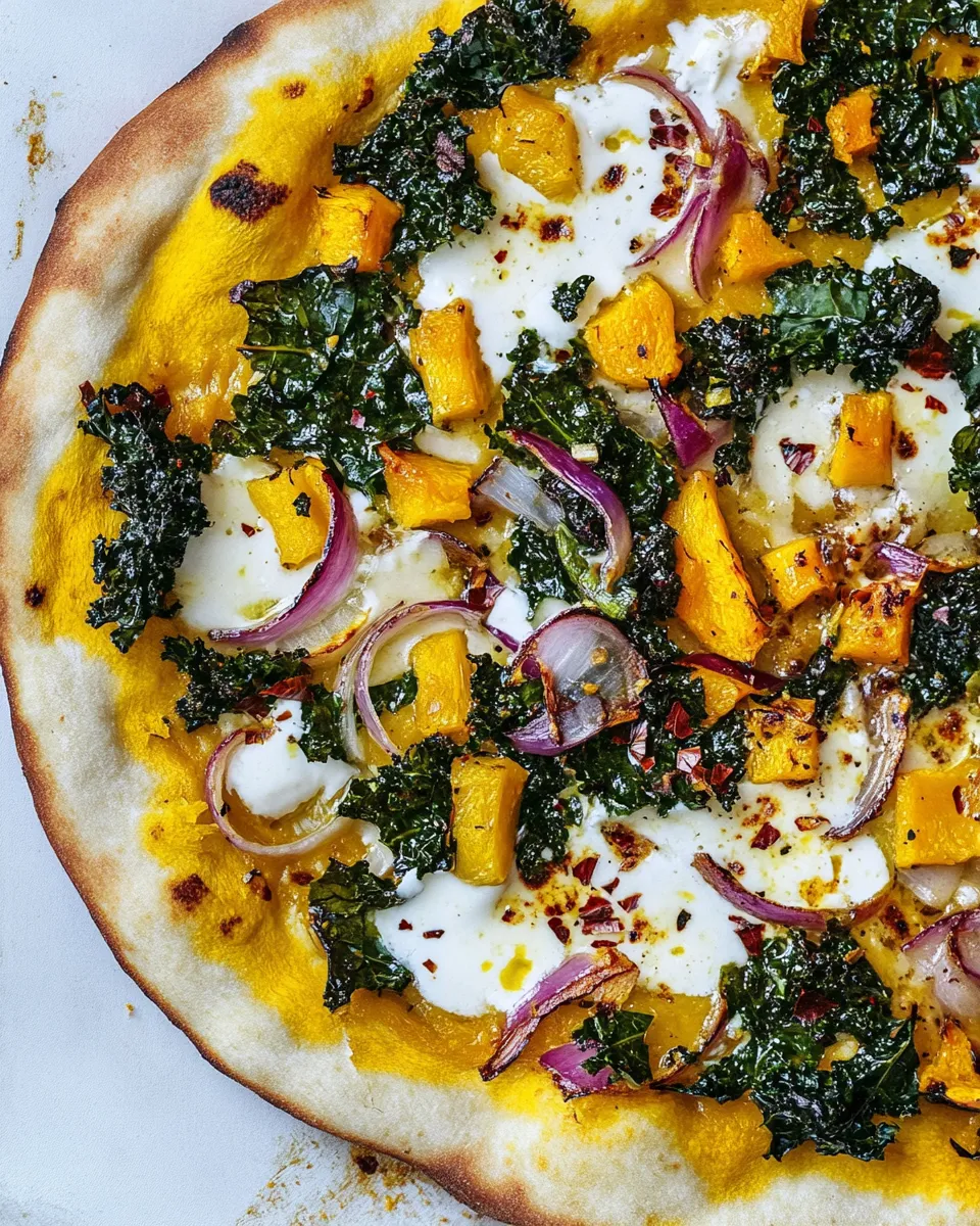 Healthy Caramelized Onion, Butternut Squash, and Crispy Kale Pizza. food shot