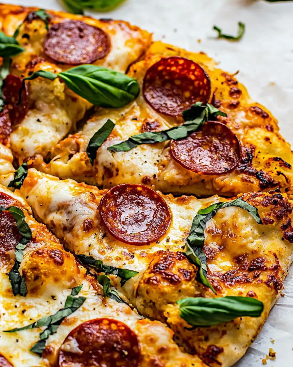 Delicious Cauliflower Pepperoni Cheese Pizza. shot