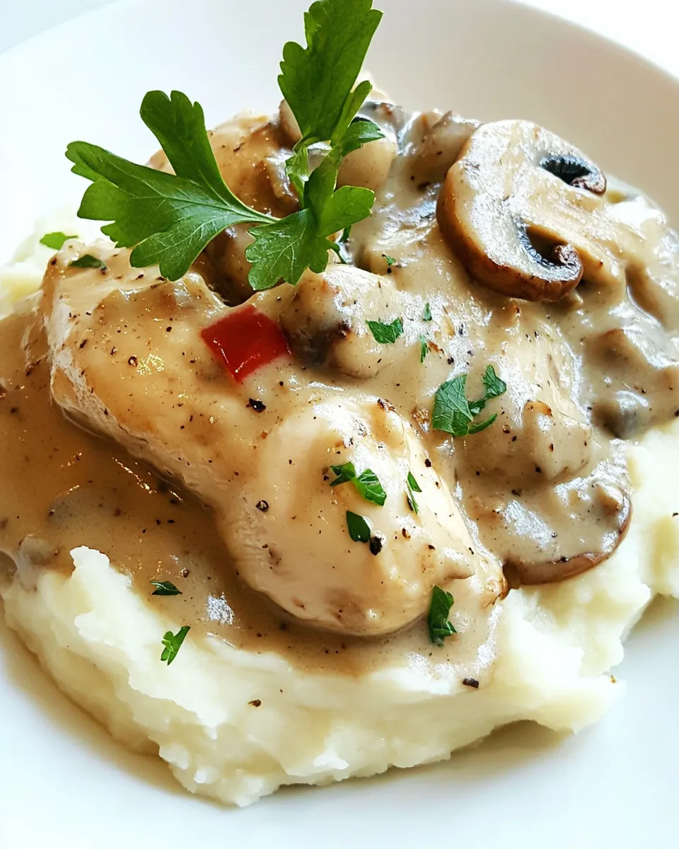 Homemade Chicken with Mushroom Sauce over Mashed Potatoes photo