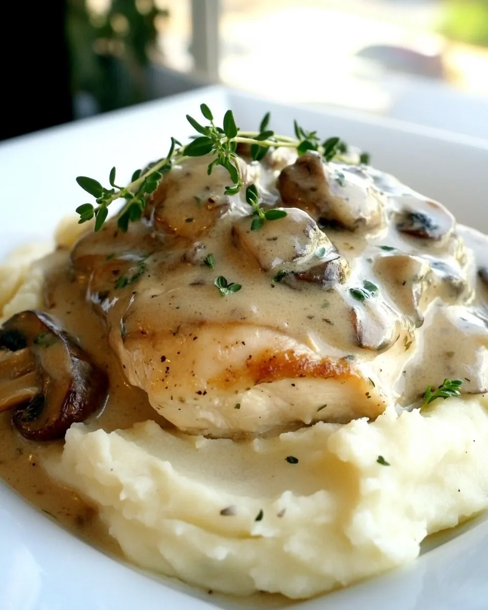 Delicious Chicken with Mushroom Sauce over Mashed Potatoes shot