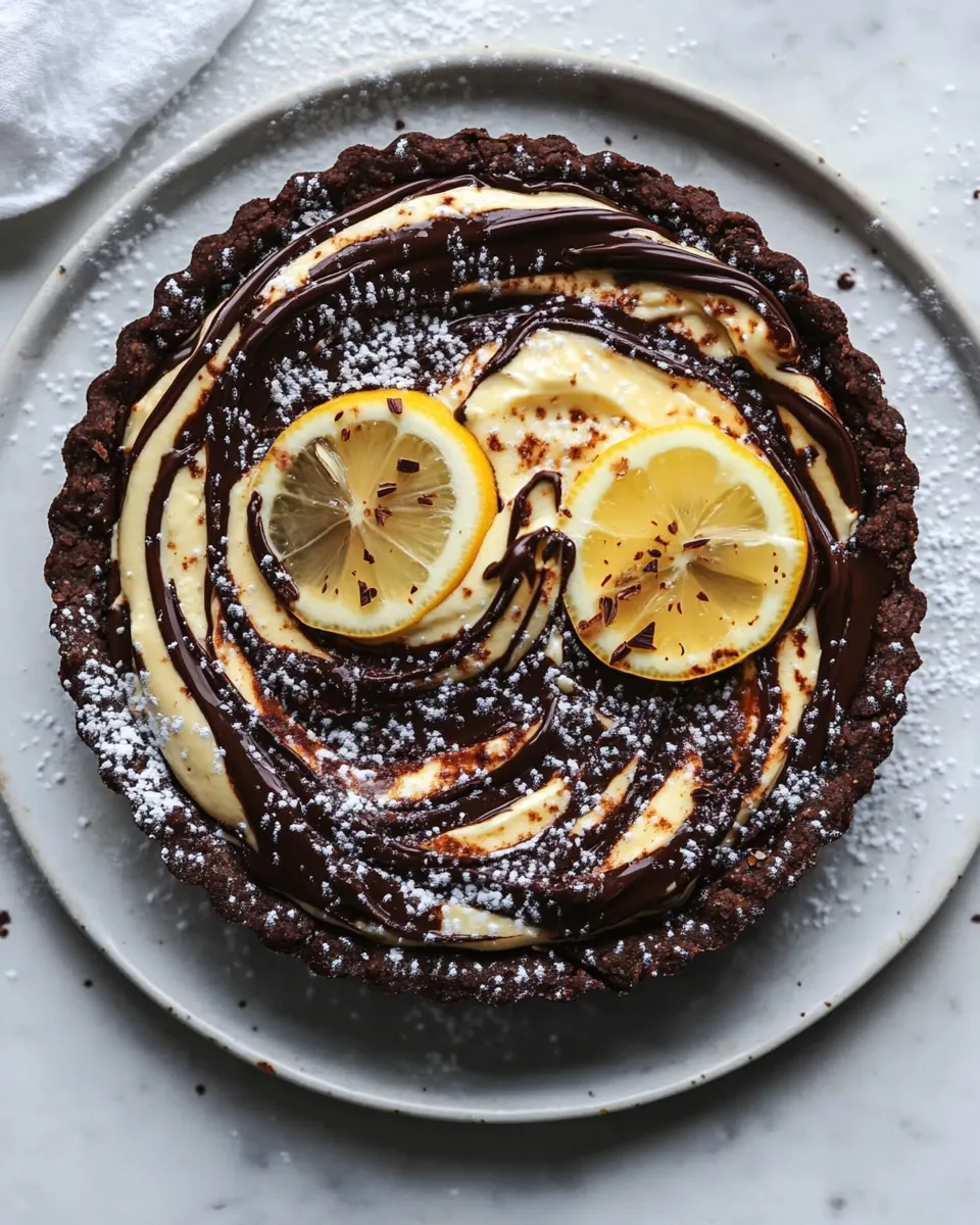 Homemade Chocolate Fudge Swirled Lemon Ricotta Tart. photo