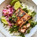Homemade Cilantro Lime Salmon and Rice. photo