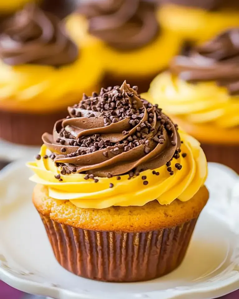 Homemade Classic Yellow Cupcakes with Chocolate Buttercream Frosting photo