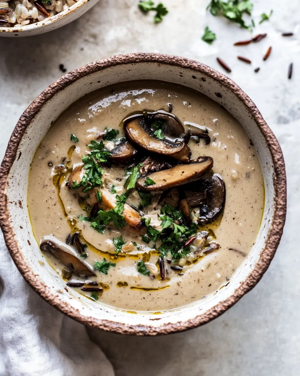 Homemade Cream of Mushroom Chicken Wild Rice Soup. recipe image