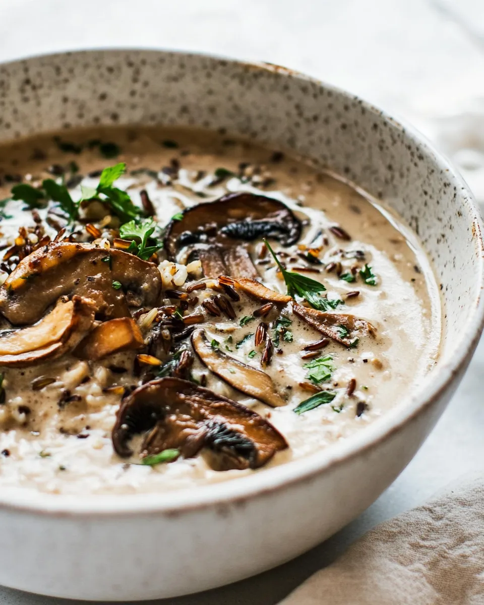 Delicious Cream of Mushroom Chicken Wild Rice Soup. plate image