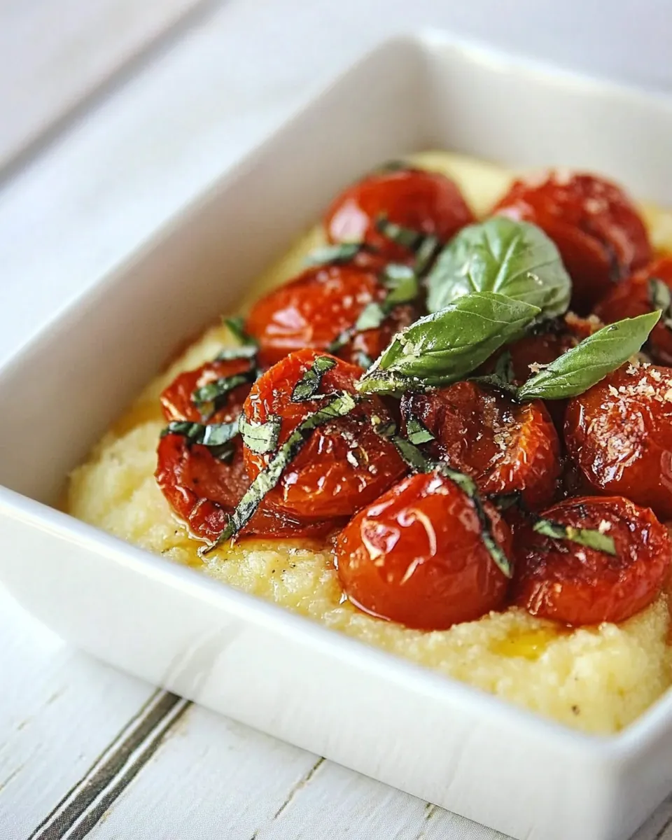 Delicious Creamy Basil Polenta with Roasted Tomatoes shot
