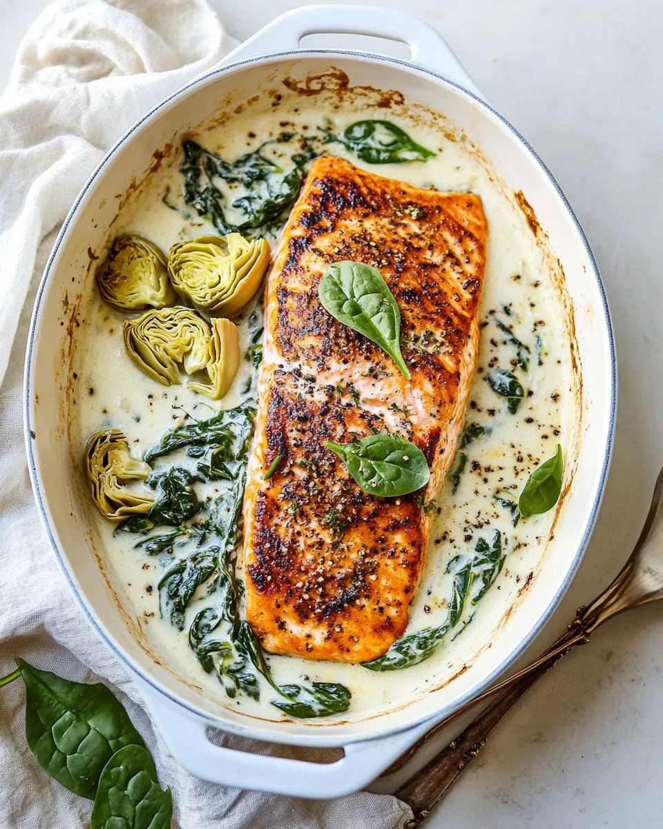 Tasty Creamy Spinach and Artichoke Salmon. shot