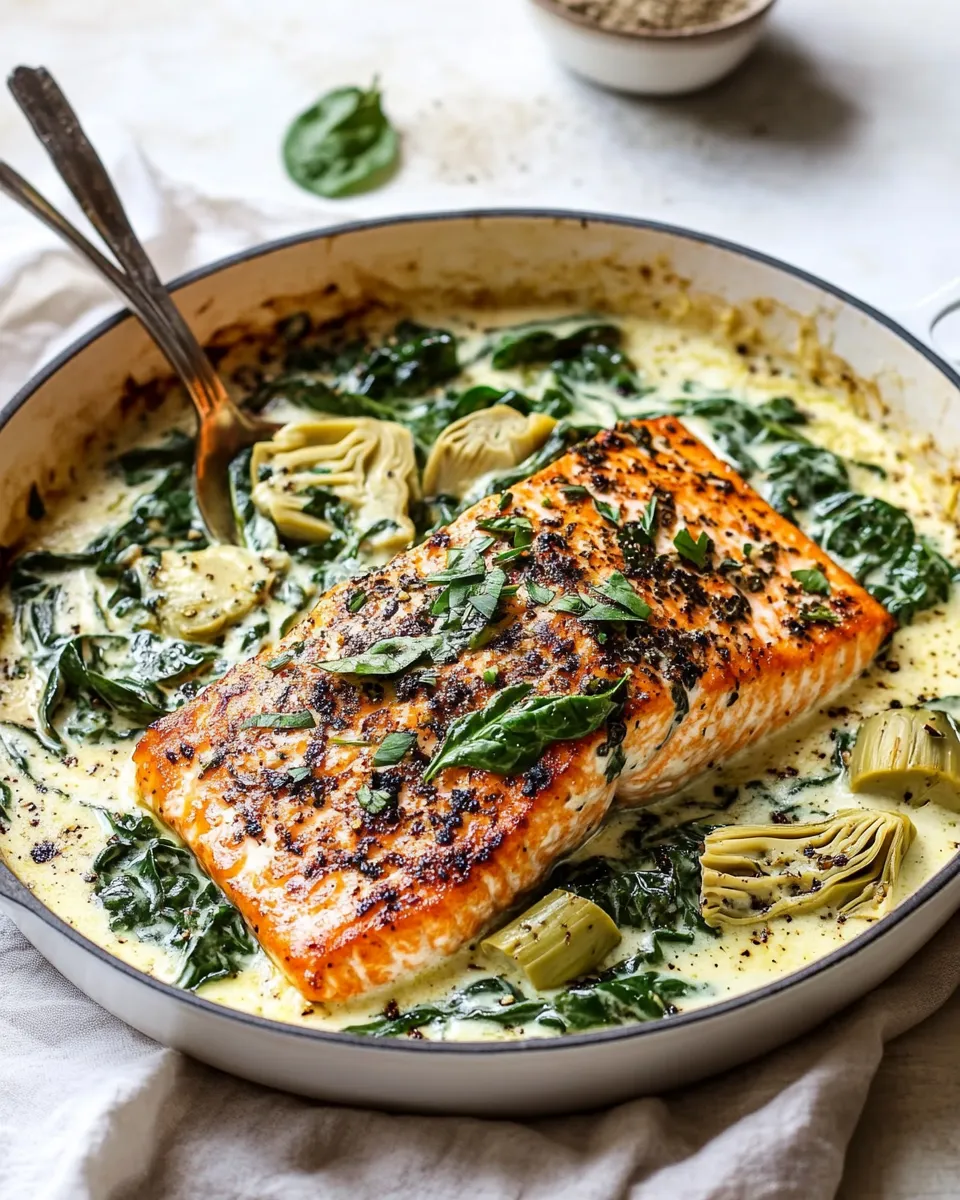 Healthy Creamy Spinach and Artichoke Salmon. dish image