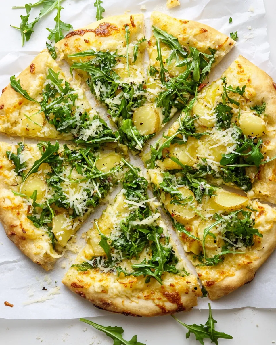 Homemade Crispy Potato & Gruyere Pizza with Arugula. photo