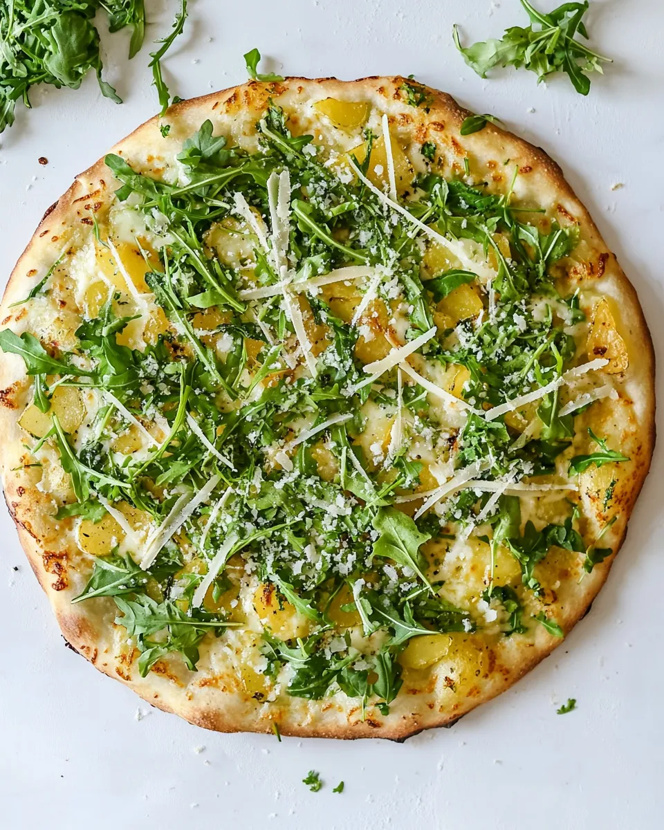 Delicious Crispy Potato & Gruyere Pizza with Arugula. shot
