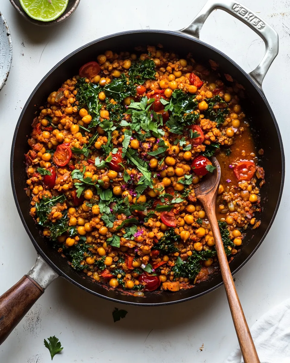 Homemade Farro Chickpea Skillet with Tomatoes, Kale, Cardamom & Lime photo