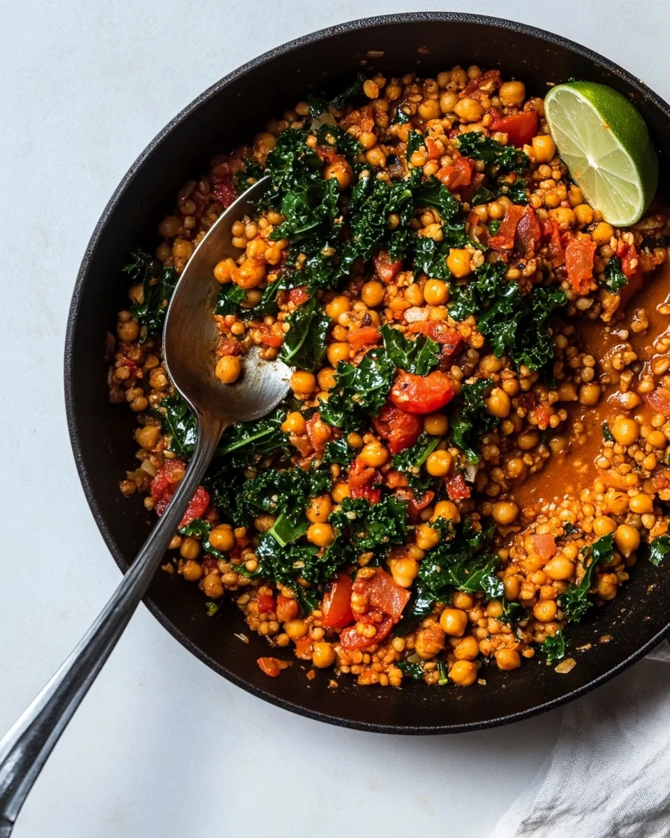 Delicious Farro Chickpea Skillet with Tomatoes, Kale, Cardamom & Lime shot