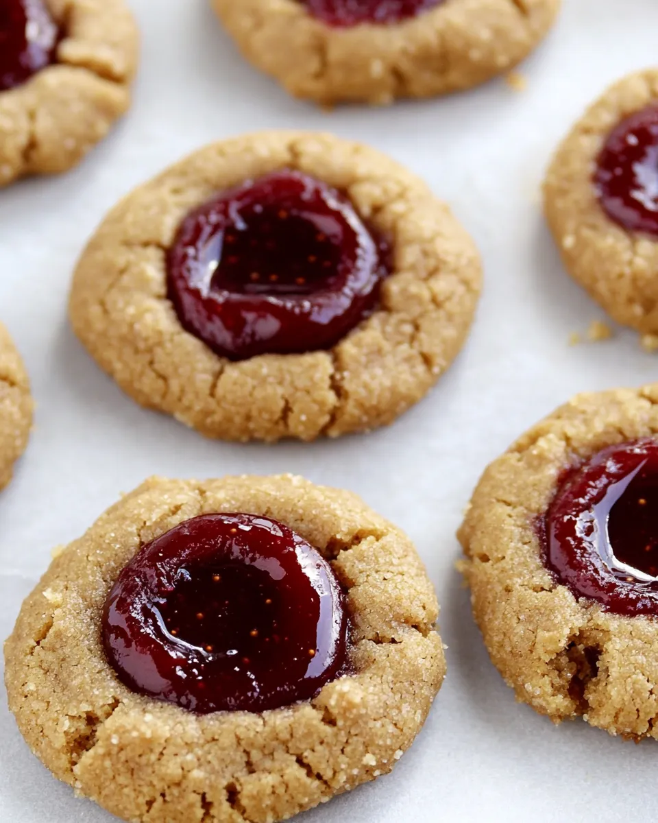 Classic Flourless Peanut Butter and Jelly Thumbprint Cookies image