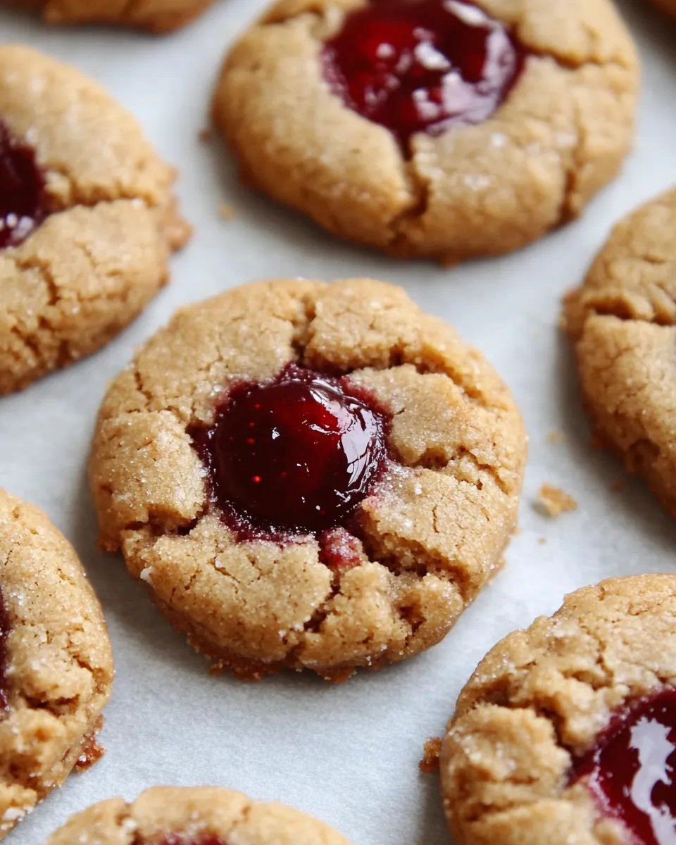 Delicious Flourless Peanut Butter and Jelly Thumbprint Cookies shot