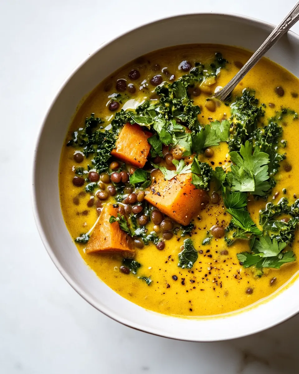 Delicious Ginger Sweet Potato Coconut Milk Stew with Lentils & Kale shot
