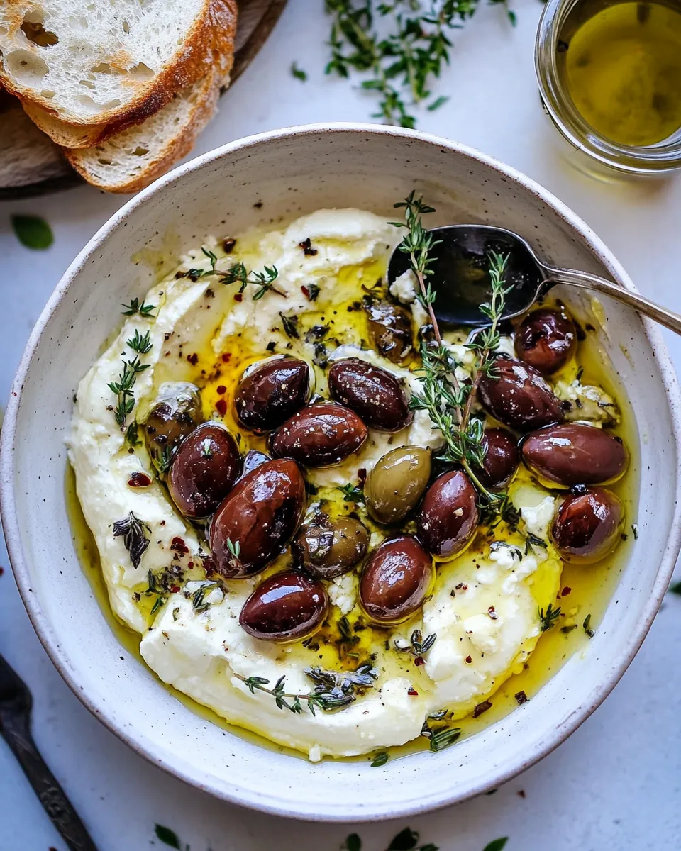 Amazing Honey Whipped Feta with Garlic Herb Roasted Olives. recipe image