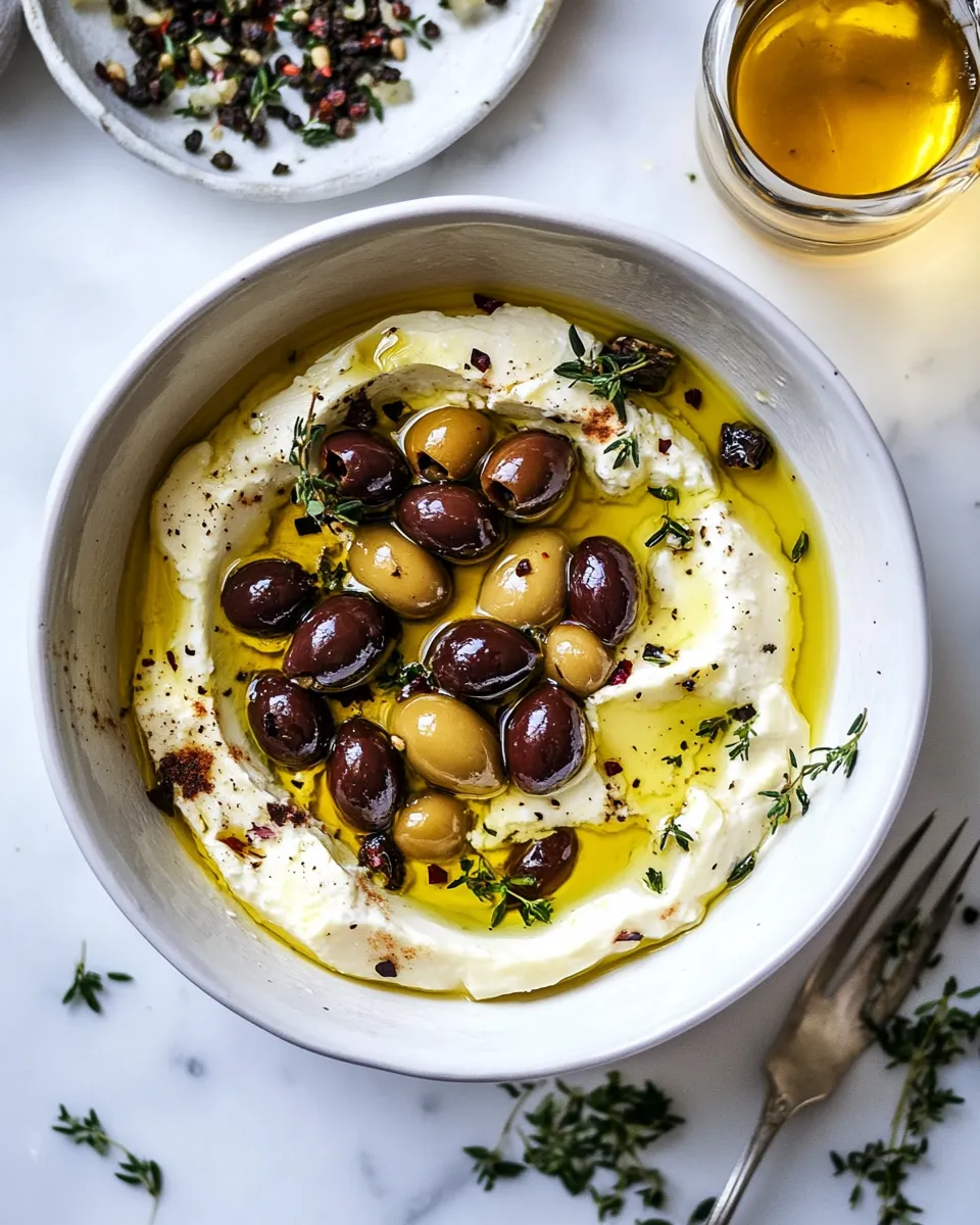 Easy Honey Whipped Feta with Garlic Herb Roasted Olives. shot