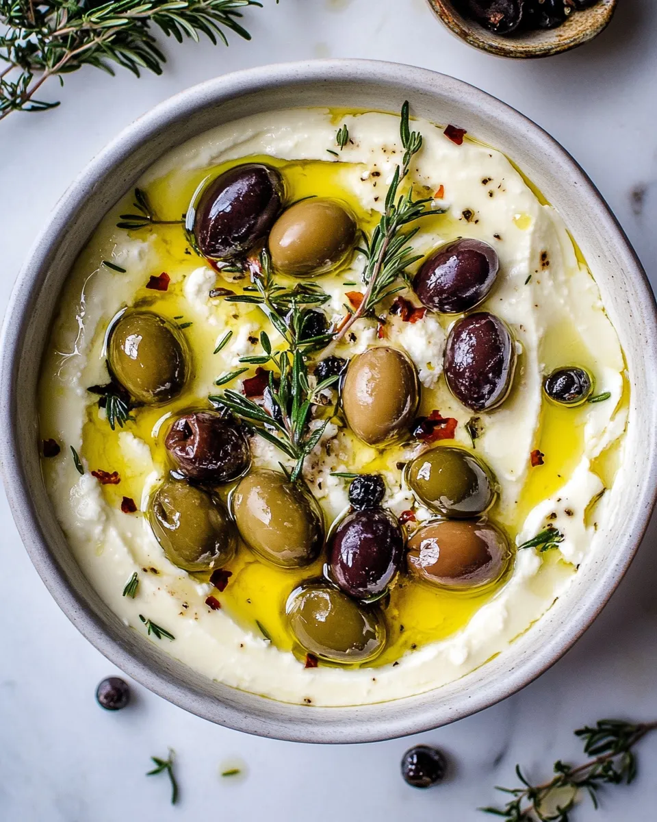 Tasty Honey Whipped Feta with Garlic Herb Roasted Olives. dish image