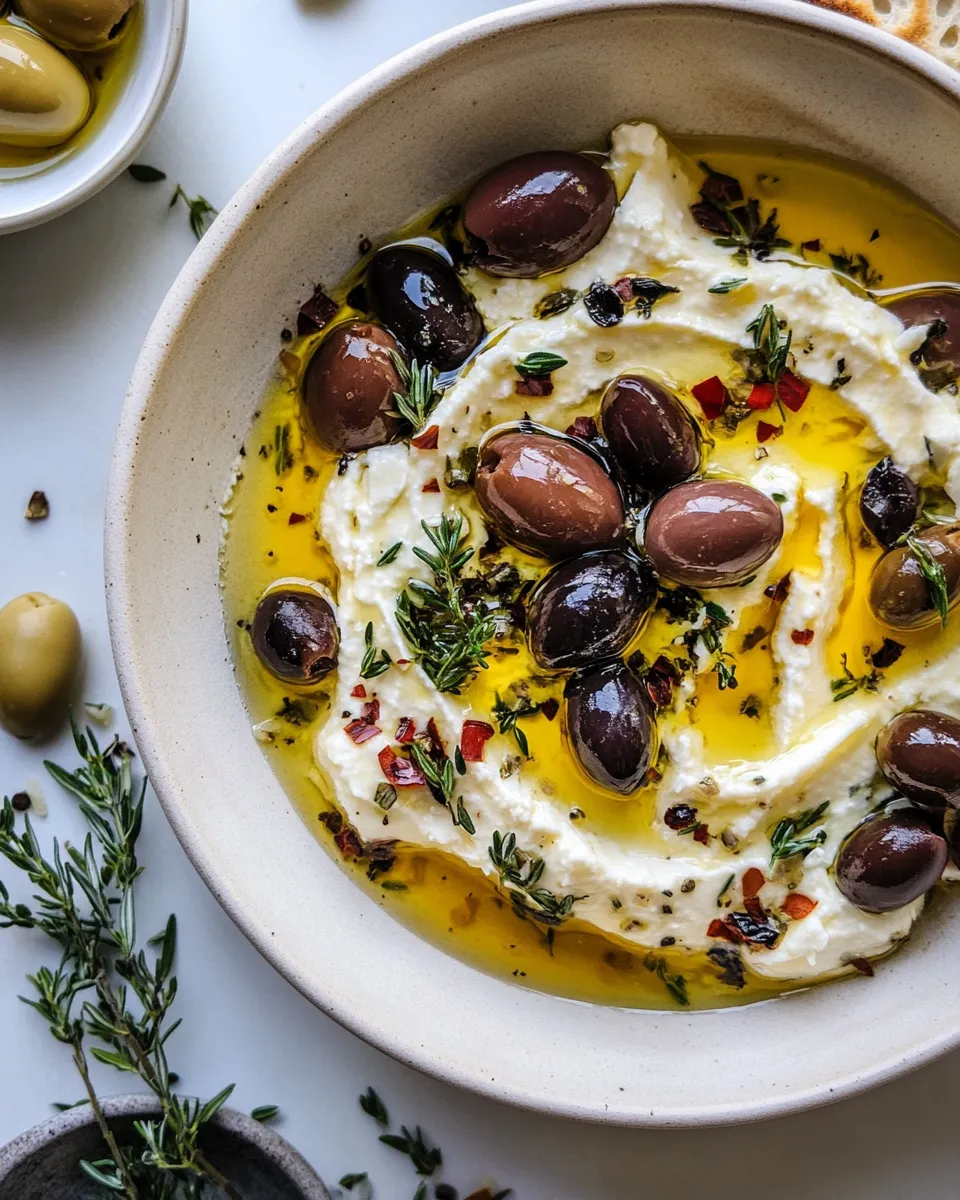 Tasty Honey Whipped Feta with Garlic Herb Roasted Olives. food shot