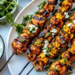 Homemade Lemon Feta Paprika Chicken Skewers with Charred Corn. photo