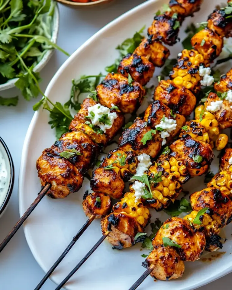 Homemade Lemon Feta Paprika Chicken Skewers with Charred Corn. photo