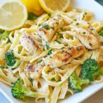 Homemade Lemon Fettuccine Alfredo with Grilled Chicken and Broccoli photo