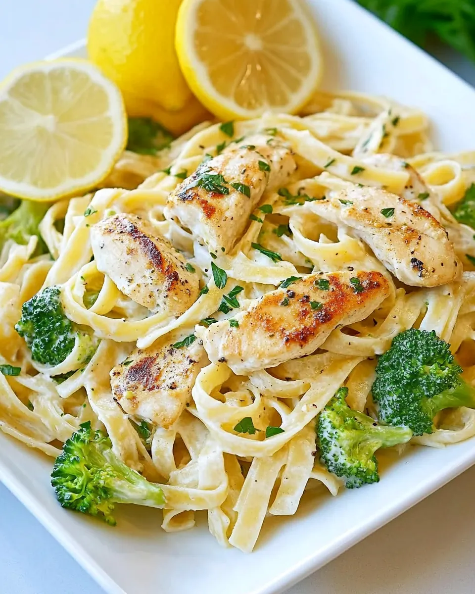 Homemade Lemon Fettuccine Alfredo with Grilled Chicken and Broccoli photo
