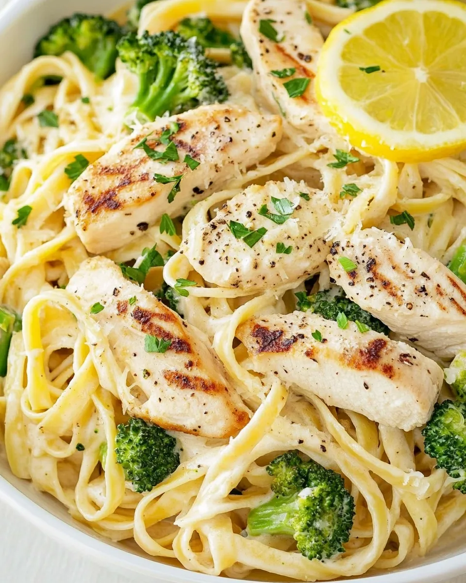 Classic Lemon Fettuccine Alfredo with Grilled Chicken and Broccoli image